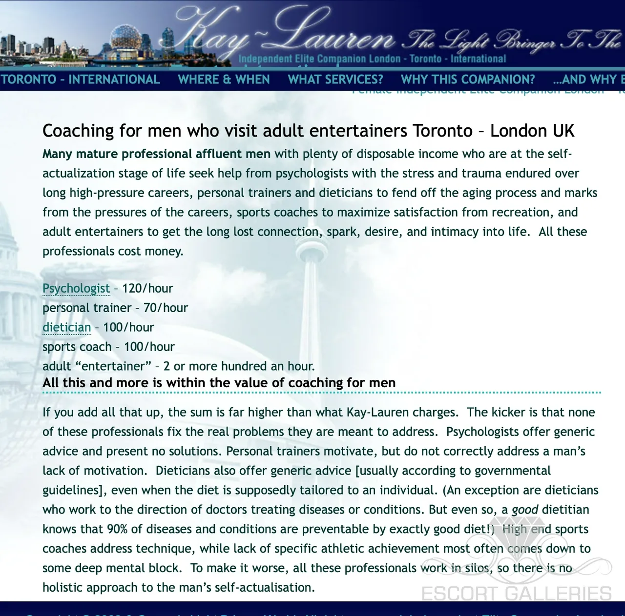 Escorts Toronto, Ontario Companion for older professional men